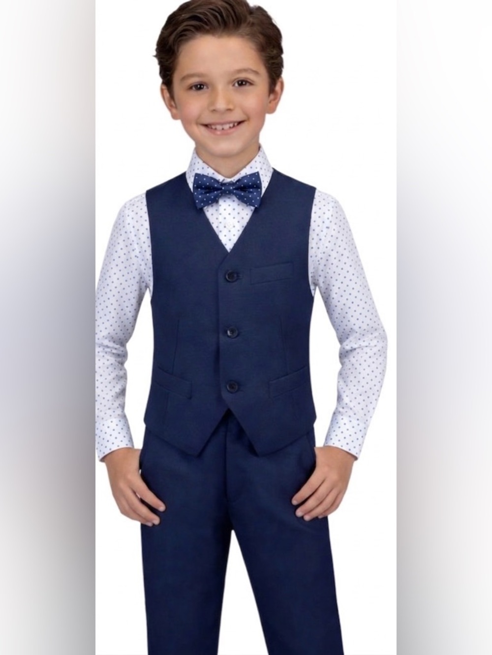 Boys Navy Dress Vest and Pants Set 4pcs vest (bow tie )shirt pants- Navy